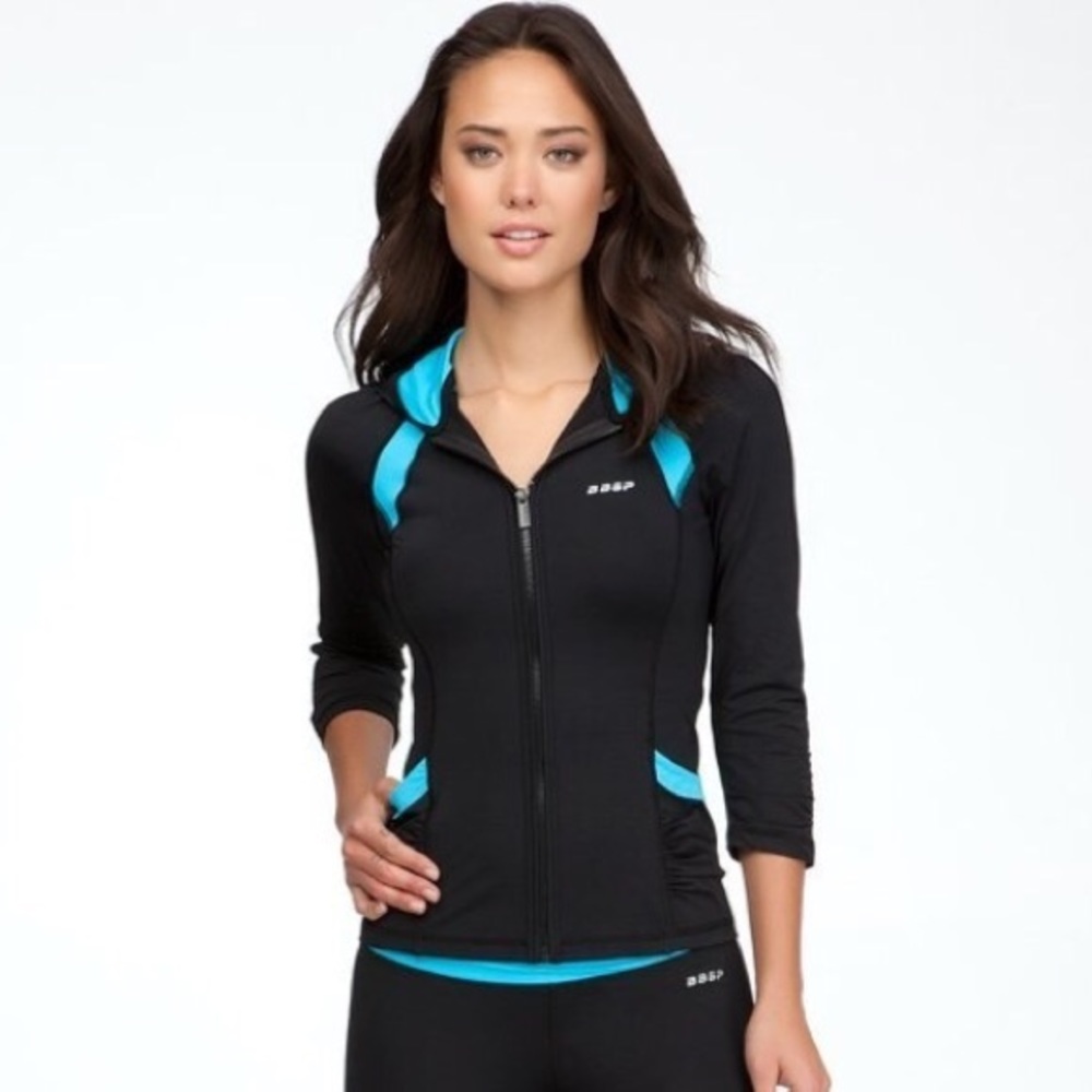 { Bebe Sport } : Black & Teal Stretch Zip Athletic Jacket